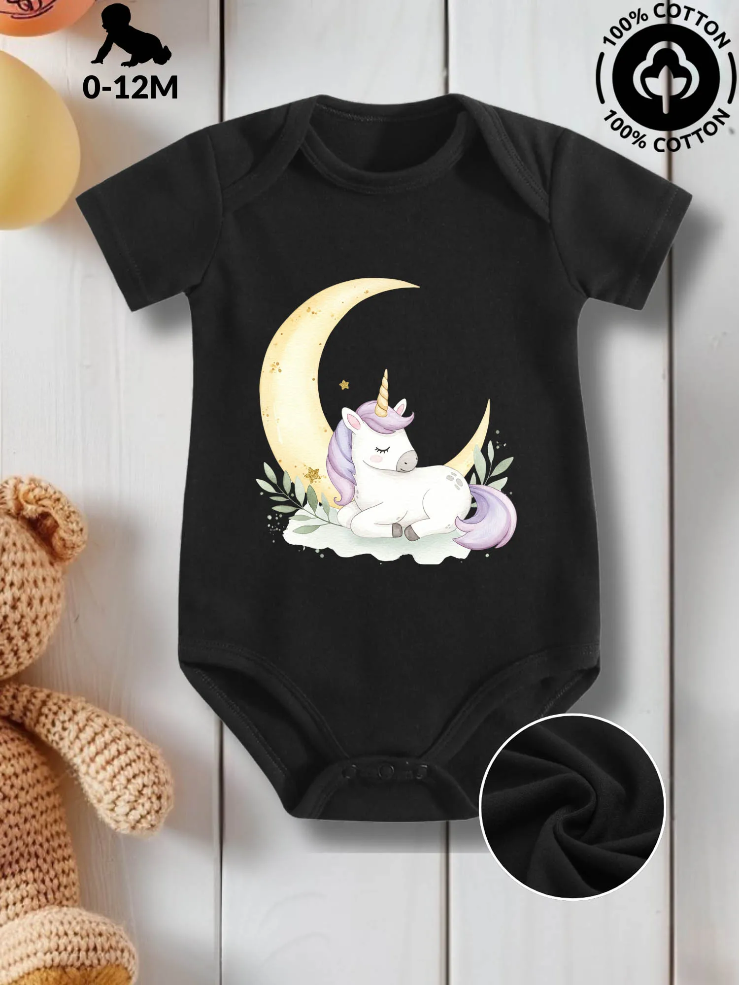 

Детский костюм унисекс с лунным и белым единорогом, комбинезон из чистого хлопка для ухода за кожей, всесезонное черное боди 190GSM