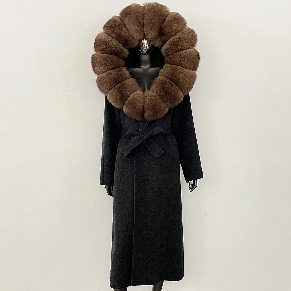 

OFTBUY женское длинное пальто, куртка из натурального меха, пояс, женская шерстяная куртка с капюшоном, весенняя одежда, пальто из натурального лисьего меха с длинными рукавами, женское