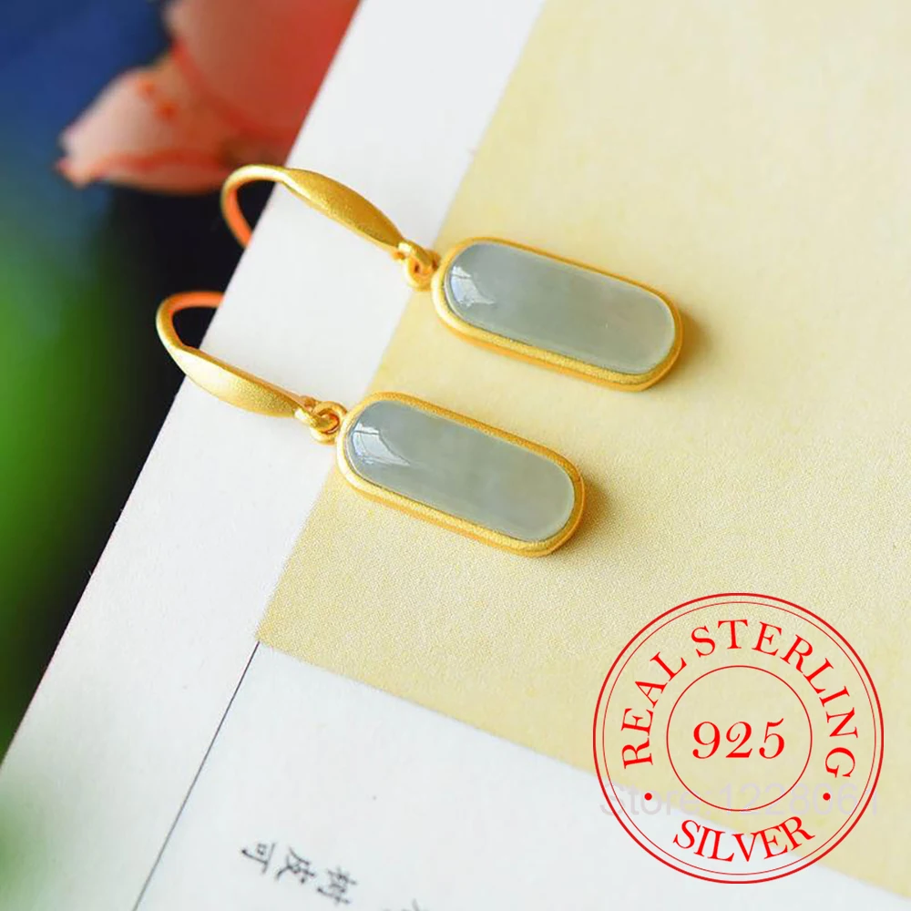 925 Sterling Silver Jewelry Natural Jade Geometric Stick Drop Earrings for Women Wedding Party Jewelry For Girls Friend Gift