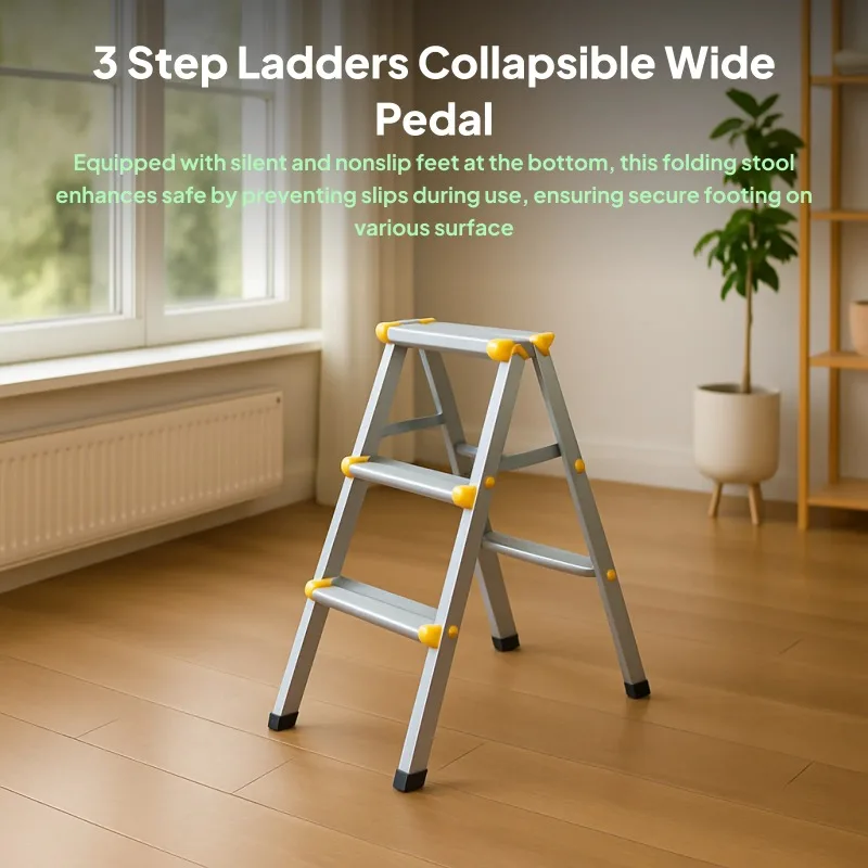 3 Step Folding Ladder Sturdy Aluminum Alloy Ladder Non-Slip Herringbone Ladder Wide Platform Steps for Outdoor Working Household