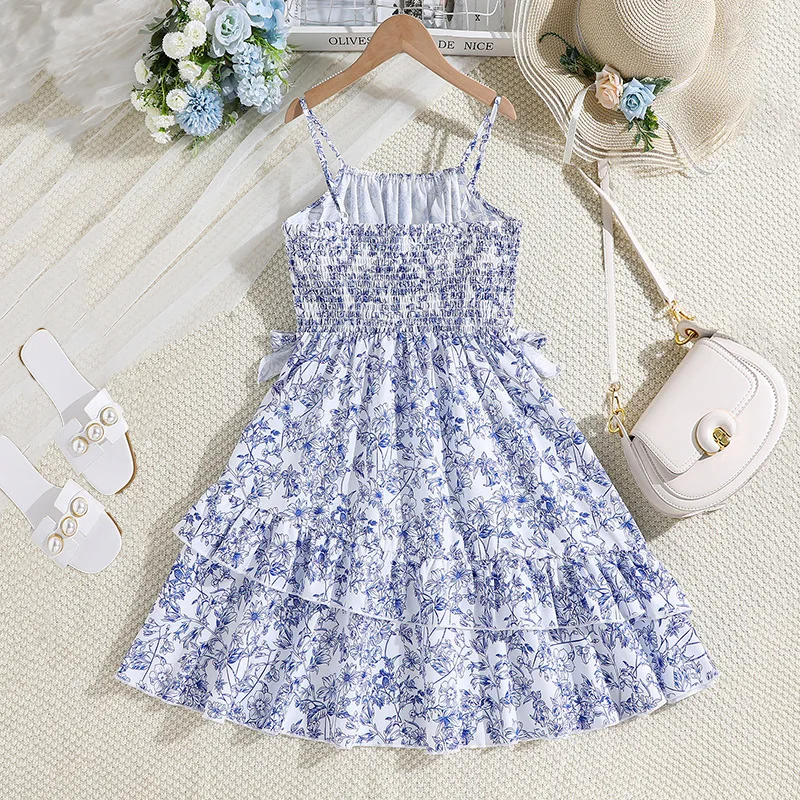 Babados sem mangas para meninas estampa vestido floral azul, lindo vestido de festa, verão, nova chegada, 8-12T, 2024