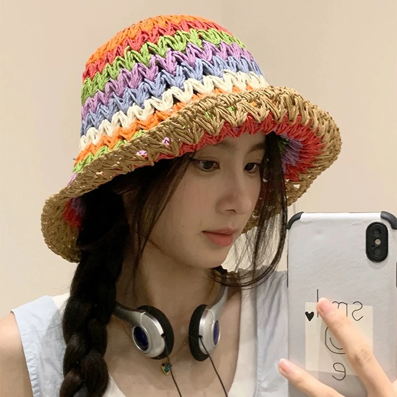 Straw Plaited Article Rainbow Bucket Hats Beach New Women Travel Sunshade Outdoor Breathable Versatile Casual Fashion Straw Caps