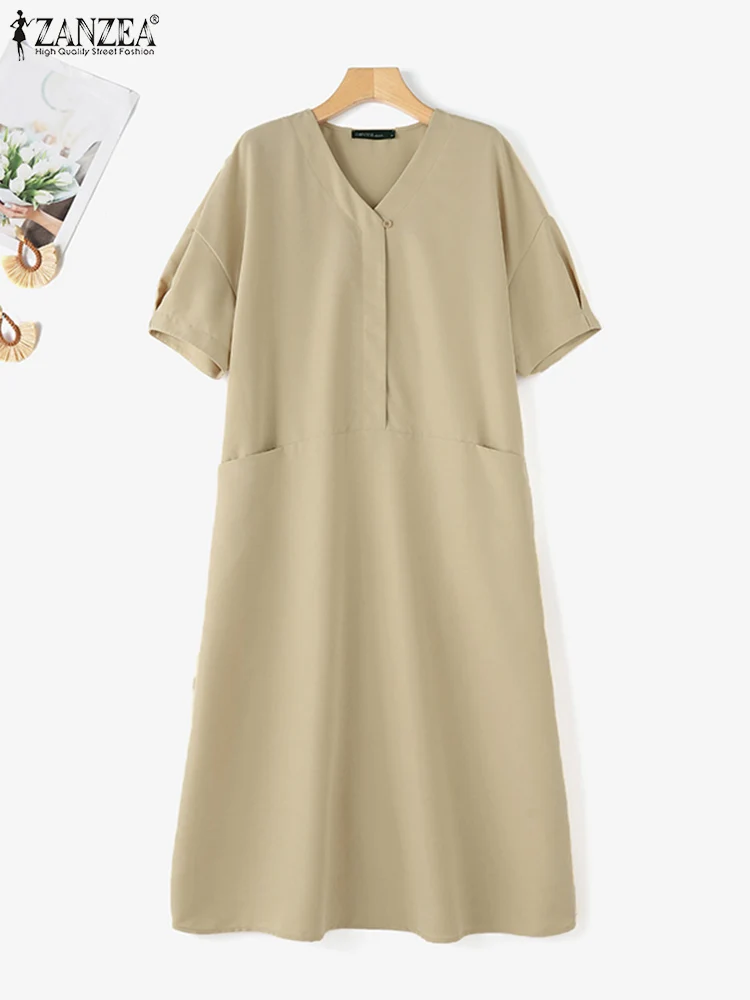 ZANZEA 2024 Summer Korean Cargo Pockets Dress Vintage Khaki Long Robes Women Casual Office V-neck Dress Harajuku Loose Vestidos