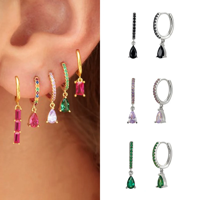 Fashion Multicolor Zircon Water Drop Small Hoop Earrings for Women Stainless Steel Pendant Piercing Earring New Arrival 2023