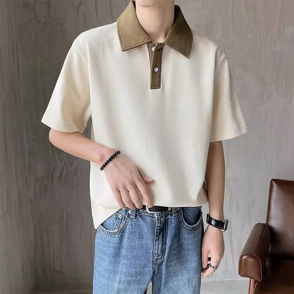 Shirt T-Shirt Daily Holiday Lapel Men Patchwork Polyester Short Sleeve Summer Breathable Business Button Comfy Fashion