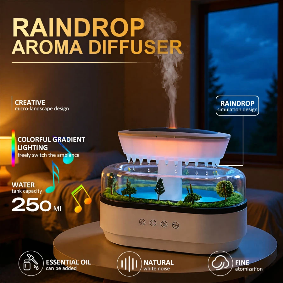 Raindrop Aroma Diffuser Humidifier, 7 Color Light, White Noise, 250ml, Quiet Fine Mist, Auto Shut-Off, Essential Oil Diffuser