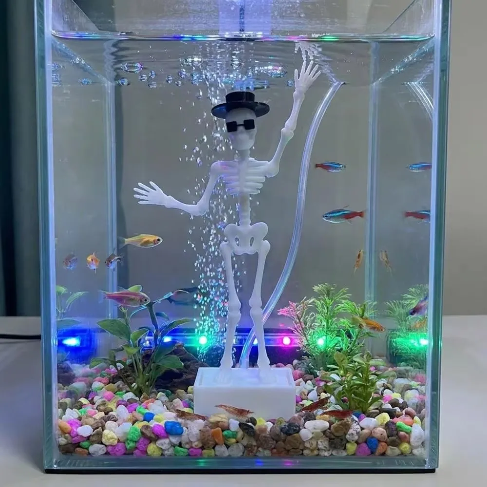 Hot Sale 3D Printed Dancing Skeleton Aquarium Bubbler Plastic Wear Hat Sunglasses Dynamic Skeleton Bubbler Gothic Air Driven