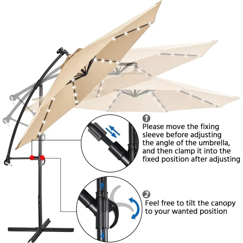 Solar Offset Umbrella with 10FT 32 LED Lights Cantilever Outdoor Umbrellas Handy Crank & Cross Base for the Beach for Backyard