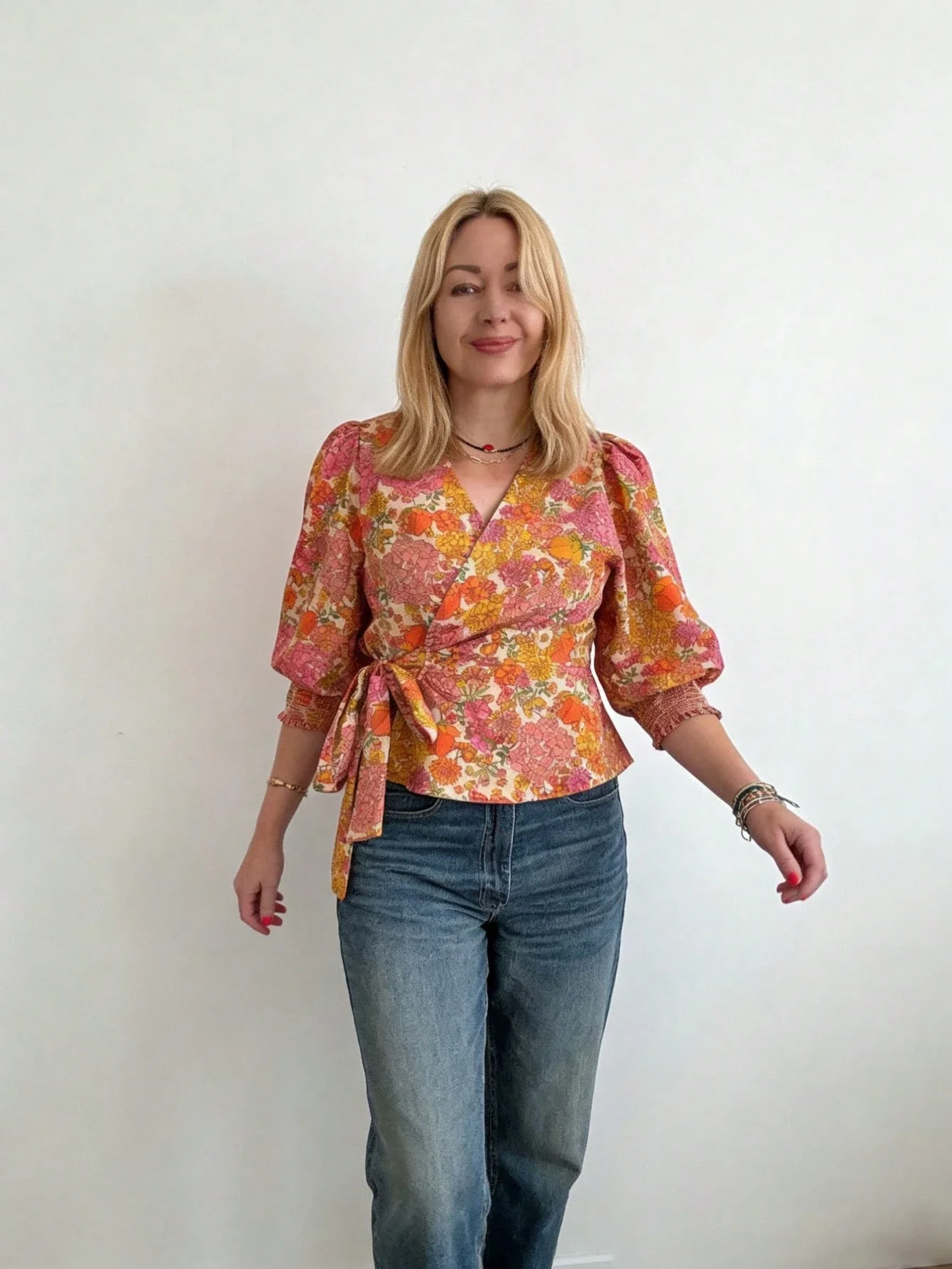 

Women's Floral Wrap Blouse Puff Sleeve Ruched Cuff Casual Top