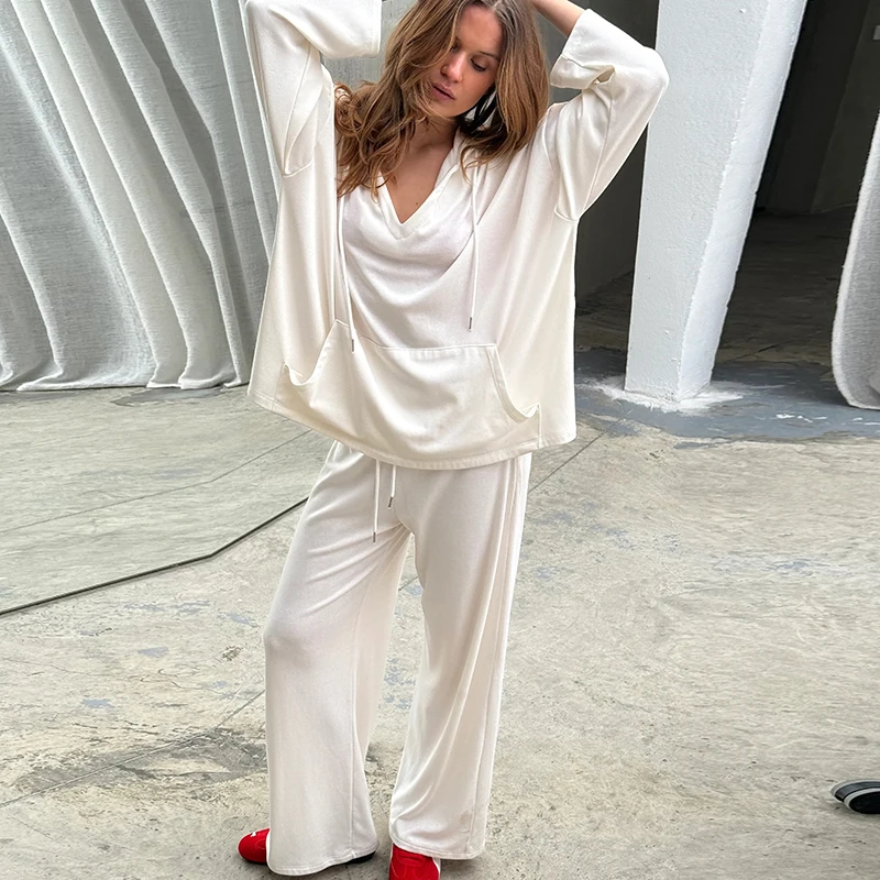 

Lazy Style Casual Lounge Matching Suit Outfits Loose Fit Pullover Hoodies T-shirt + Wide Leg Pants Women 2 Piece Set Streetwear