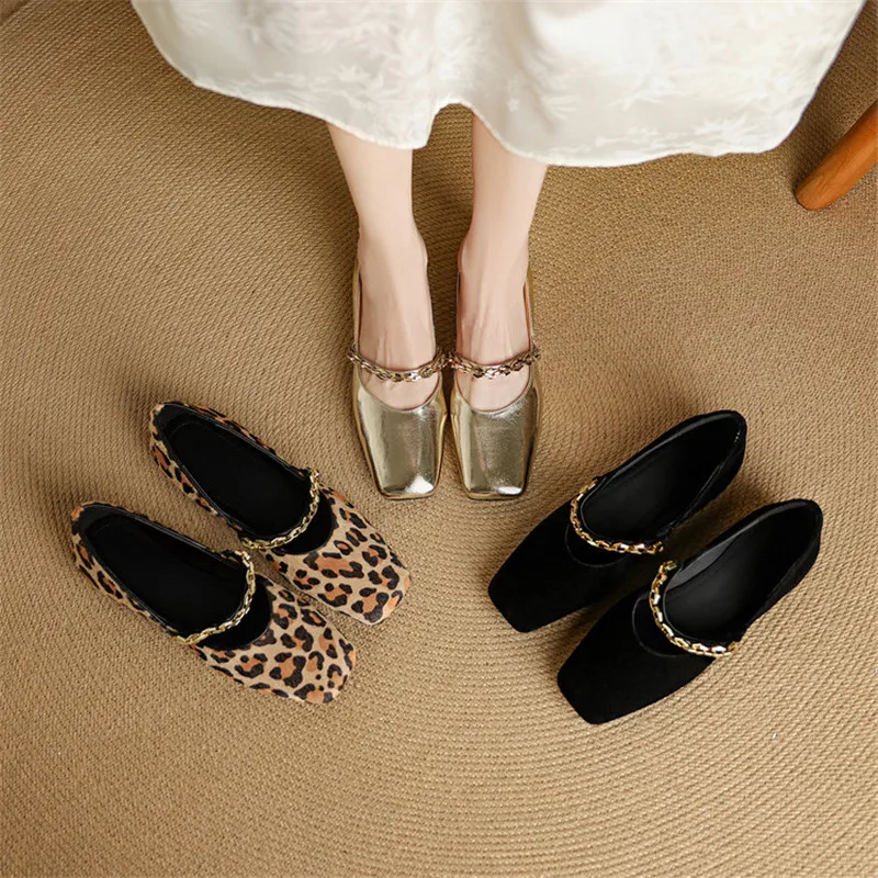 

New Spring/summer Cow Leather Women Shoes Square Toe Shoes for Women Fashion Leopard Print Mary Jane Shoes Low Heel Women Pumps