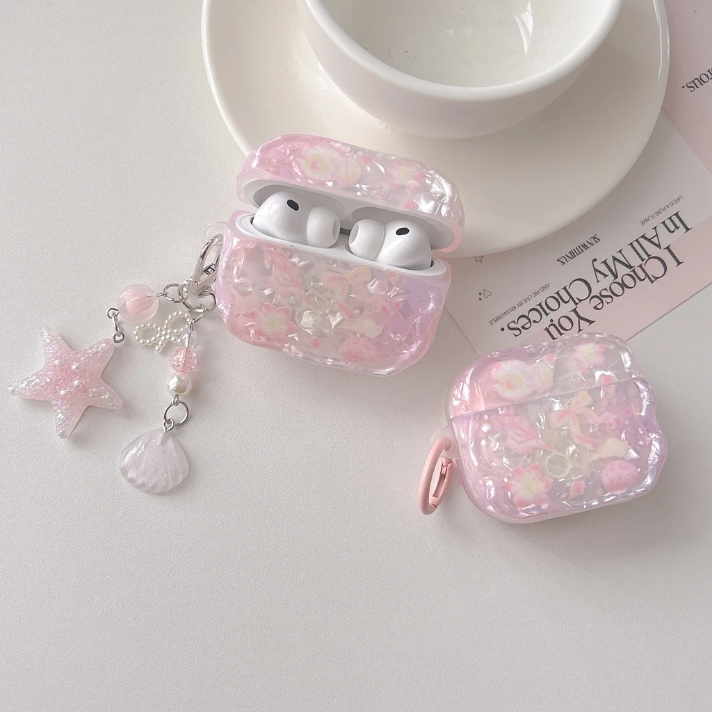 Sweet Pink Flowers Bowknot Shell Texture Wavy Edge With Pendant Protect Earphone Cover Case for AirPods 1 or 2 3 4 5 Pro 2 Pro 3