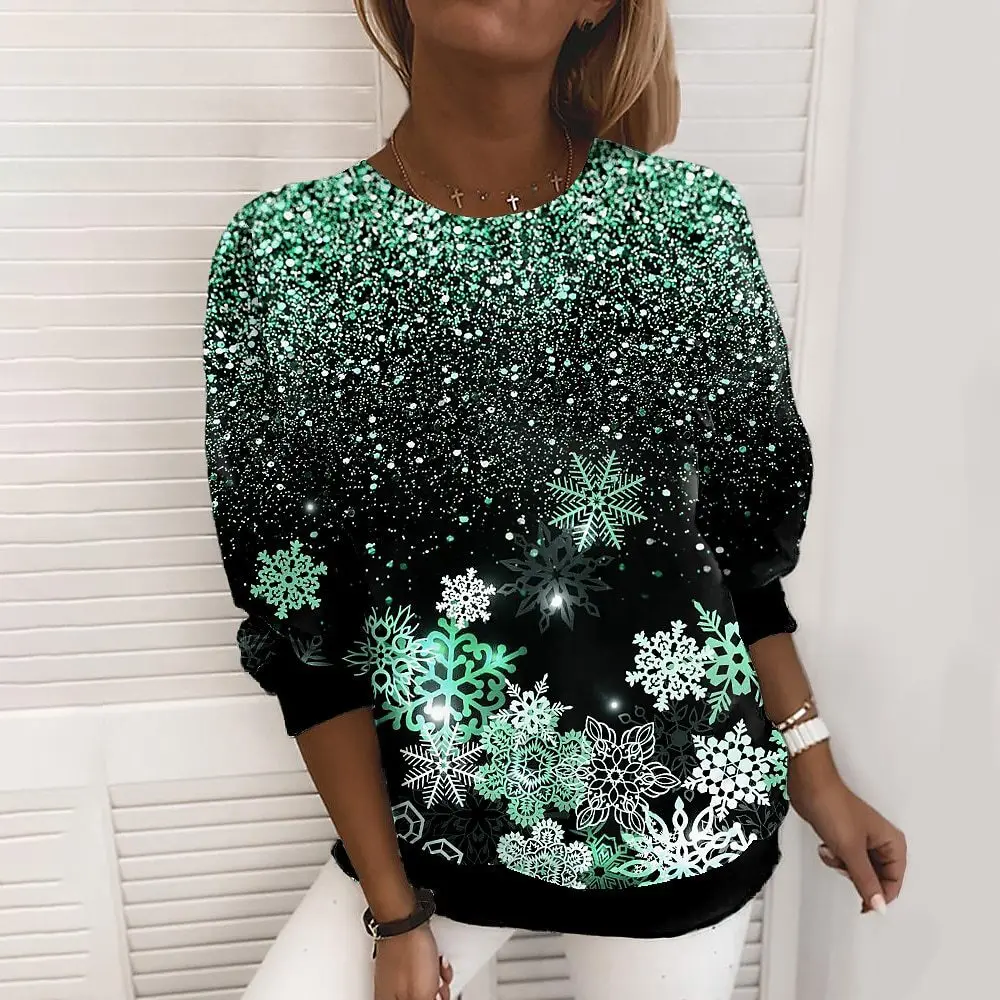 

Women Spring Autumn T-Shirts Fashionable Snowflake Glitter Printed Casual Pullover Sports Long Sleeved Top Woman Clothes 2025