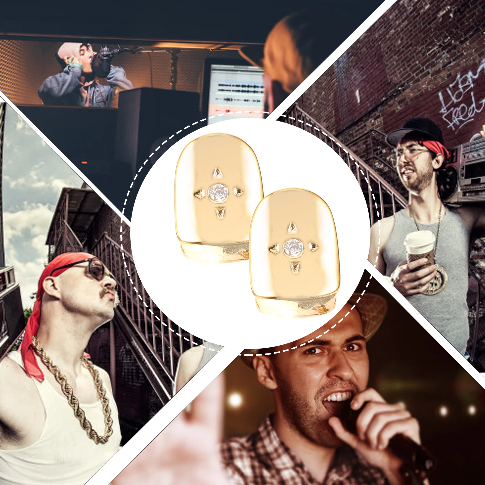 Grelha de dentes decorativa, 2 peças, material de cobre, uso seguro, brilhante, joias de dentes únicos para hip-hop, suprimentos, adereços de cosplay de rapper