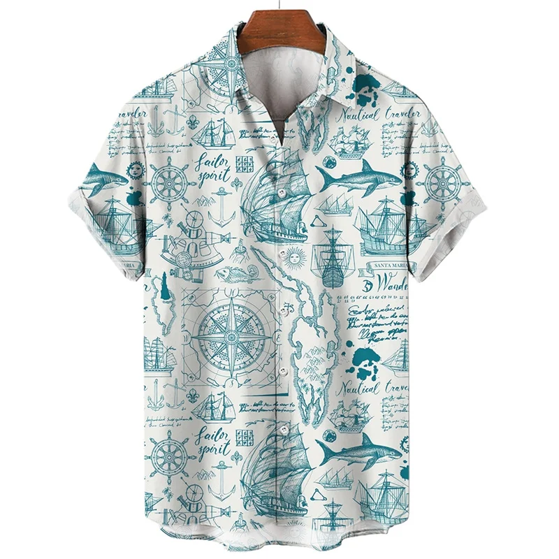 Summer Men\'s Hawaiian Shirt Men Sailing Compass Sailboat 3D Printed Short Sleeve Casual Beach Quick Dry Oversize Aloha Blouse