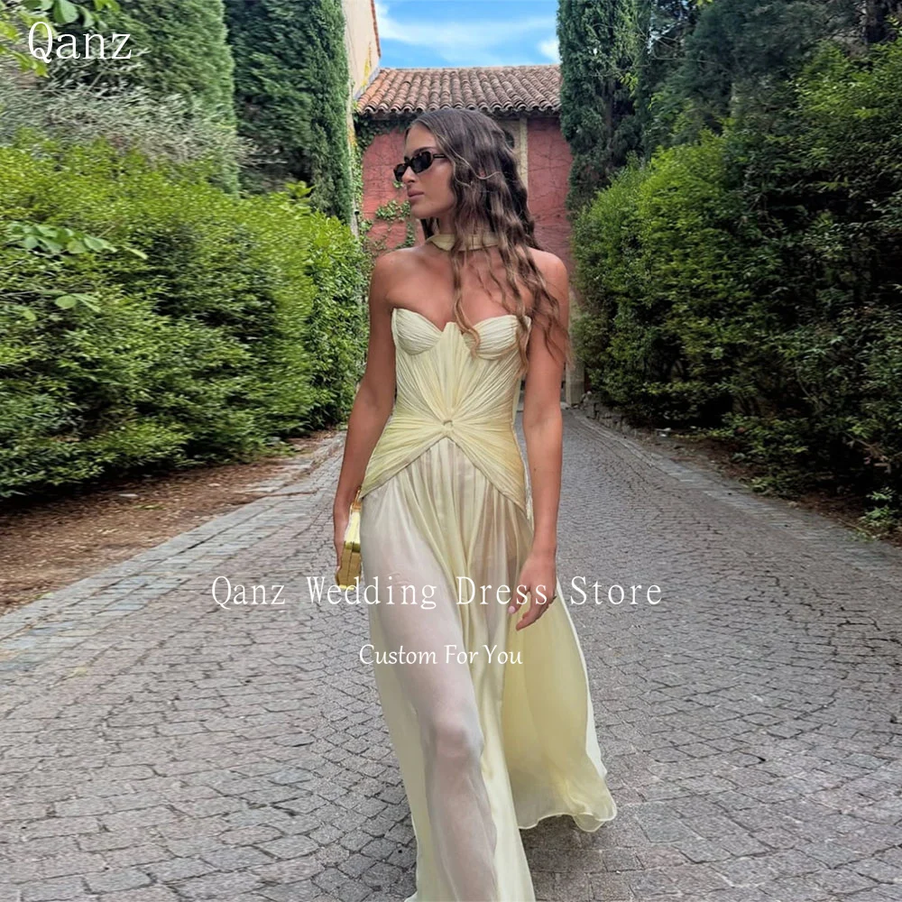 

Qanz Light Yellow Evening Dresses Sweetheart Chiffon A Line Vestidos Para Mujer elegant Dresses For Special Event Customized