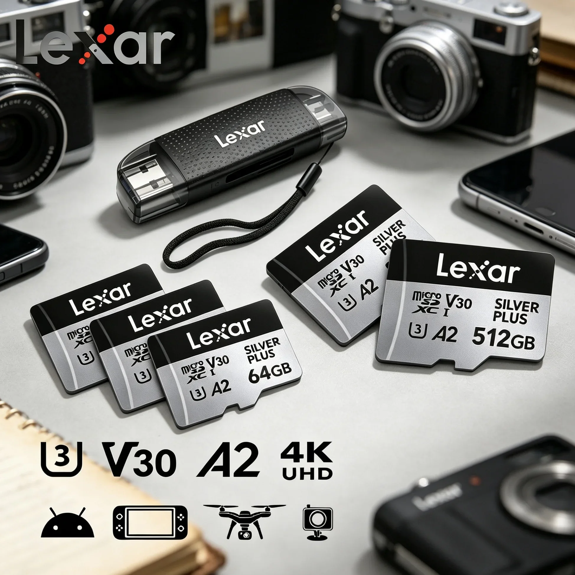 For Aerial Photography DJI Drone Lexar V30 A2 Micro SD Card 205MB/s TF MicroSDXC Memory Card 64‑1TB Card Reader Optional