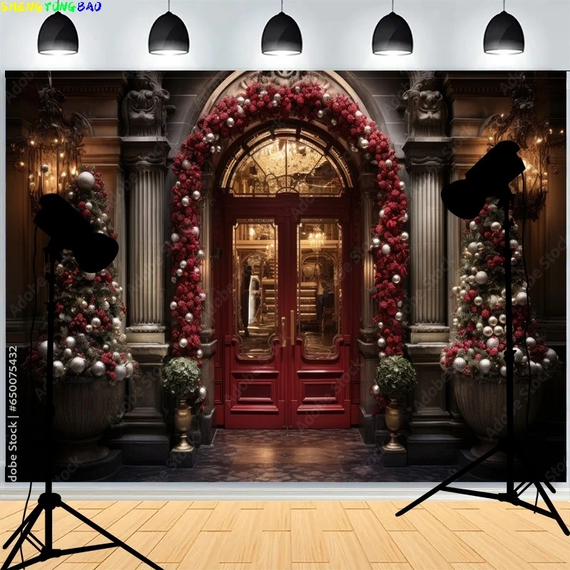 

Christmas Day Wreach Snowflake Photography Backdrops Front Door Winter New Year Cottage Living Room Decoration Background DD-06