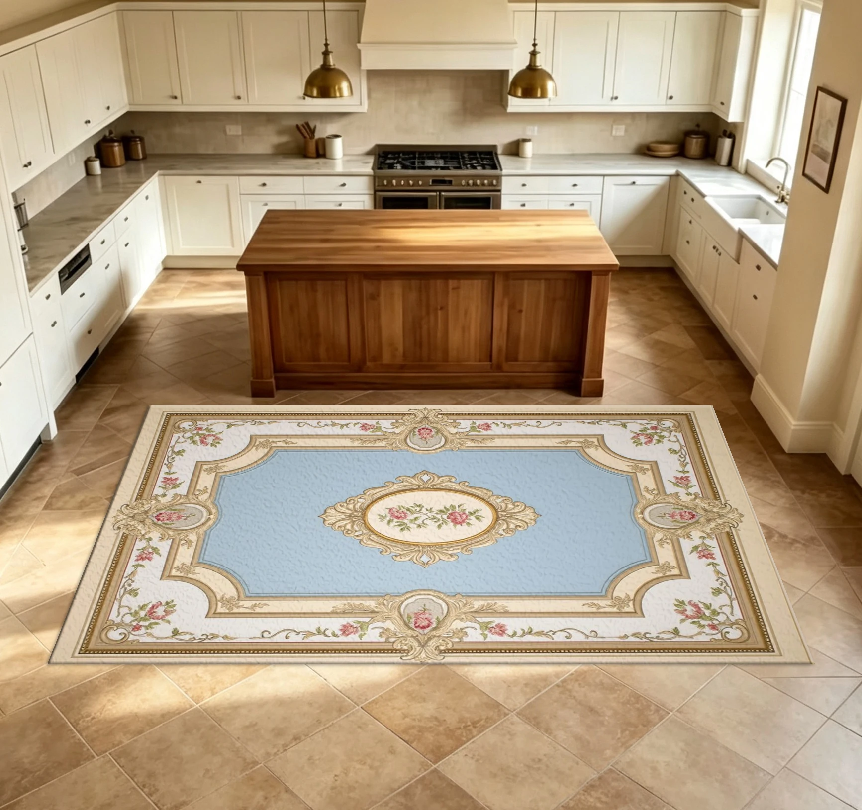 Light Blue French Rococo Rose Carpet Floor Luxury Vintage European Decorative Carpet Suitable for Home Room Decoration