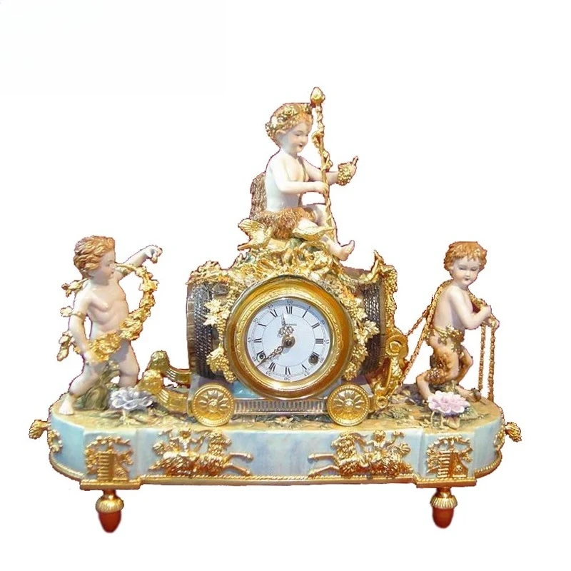 to 64 Inches High Royal Classic Regency 3 Brass Angel Decorated Handpainted Marine Blue Porcelain Wall Clock with Pendulum