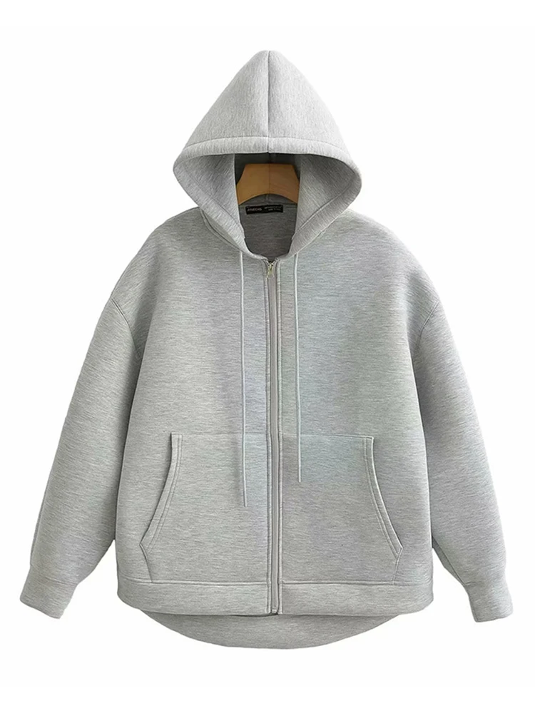 

Solid Color Fashion Double Pocket Oversized Loose Long Sleeved Street Hoodies Winter New Women's Retro Hooded Zipper Sweatshirt