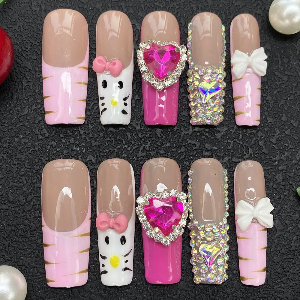 

Шикарные 10 шт. глянцевых накладных ногтей Y2K INS ручной росписи, красивый индивидуальный дизайн, многоразовые акриловые накладные ногти ручной работы для маникюра