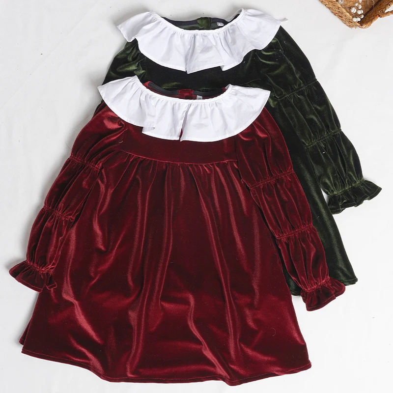 فستان ريترو كريسماس أحمر خريفي مخملي للفتيات بلون سادة مع وشاح أبيض مكشكش وأكمام طويلة فساتين حفلات فضفاضة #5