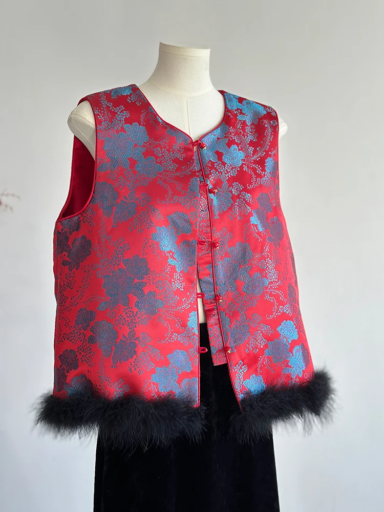 New Chinese Style Fur Red Vest Women's Spring Outer Wear Waistcoat Young round Neck Top