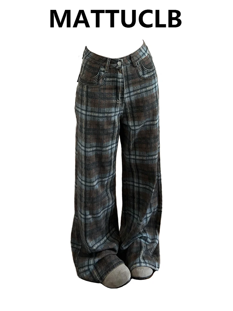 

Women's Baggy Jean Plaid Contrast Color Denim Pants Y2K High Street Wide American Retro Cowboy Japanese Harajuku Long Trousers