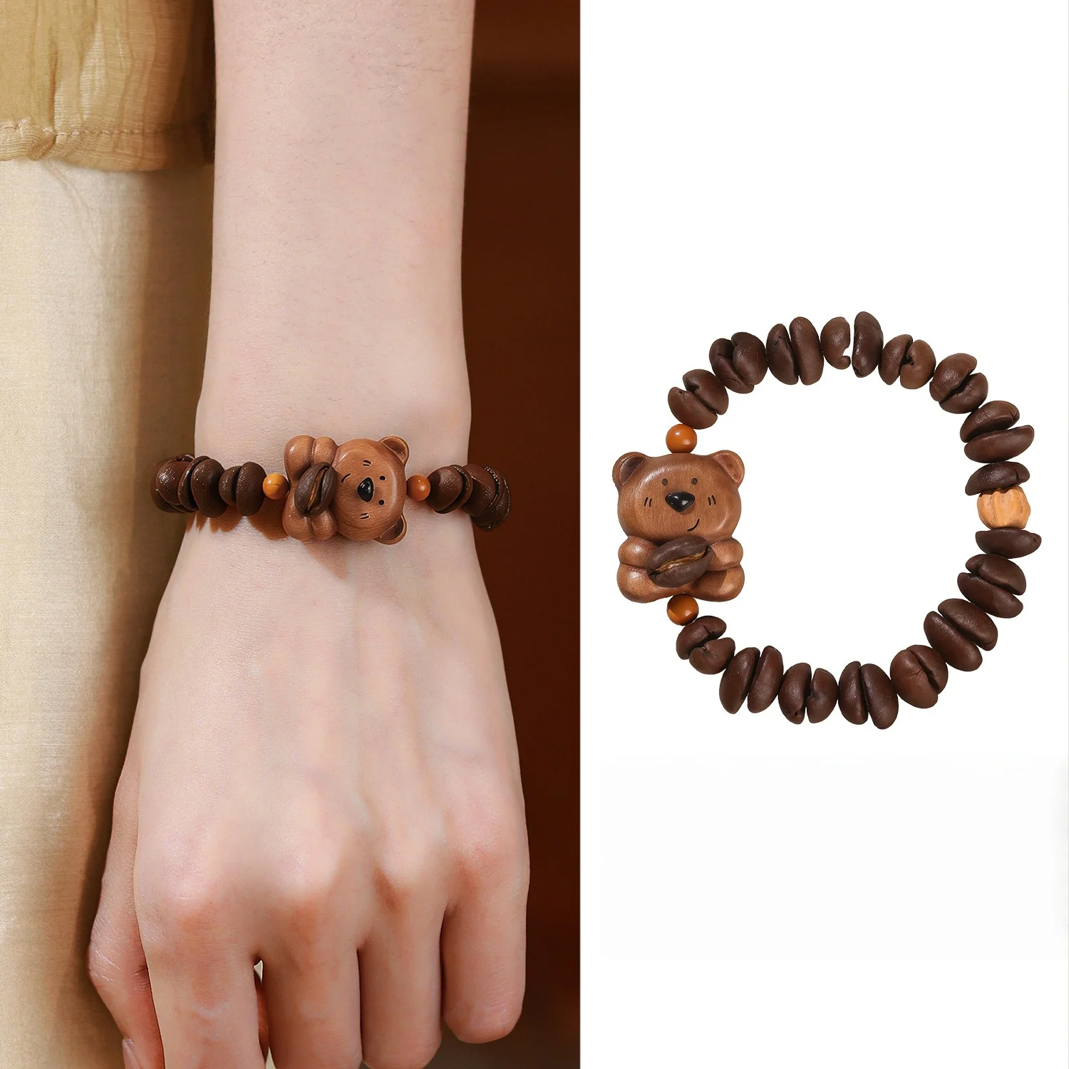 Little Bear Coffee Fragrance Wood Carving Cute Coffee Bean Bracelet Little Bear Bracelet, Small and Exquisite Female