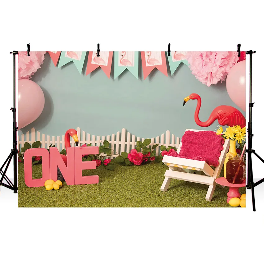 Mehofond Flamingo Model 1st Birthday Banner Girl Backdrop Grassland Balloon Floral Photography Backdrop For Photo Studio Shoots