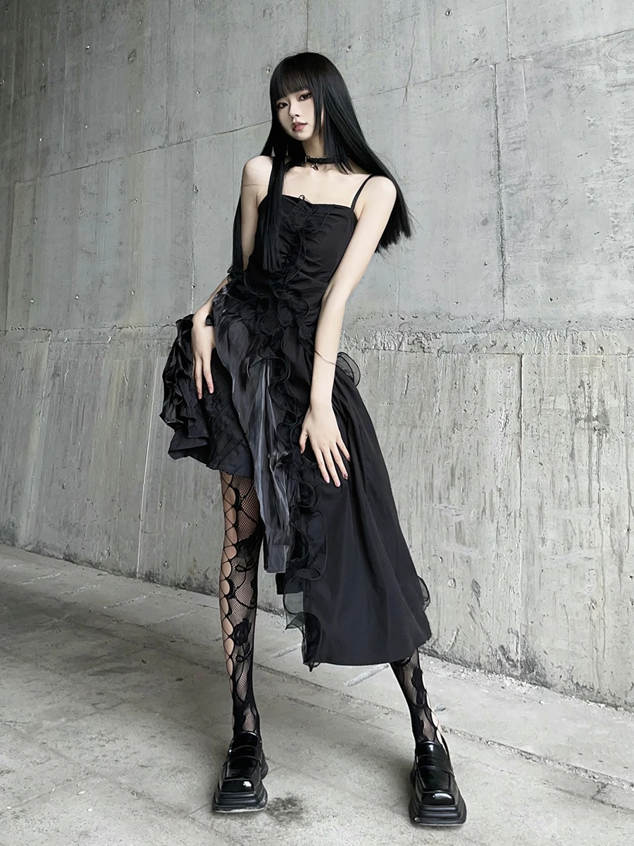 

Dark Gothic Style Sexy Suspender Dress Asymmetric Women's Short Skirt Halloween Nightclub Wear Summer