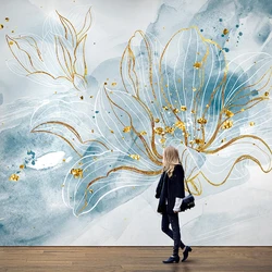 Customized products New Chinese abstract living room lily flower wallpaper light luxury modern golden line mural papel DE parede