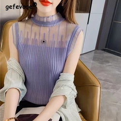 Women's Clothing 2023Summer Sexy Mesh Patchwork Elegant Knitted Tank Tops Y2K Fashion Solid Slim Sleeveless Basic All Match Vest