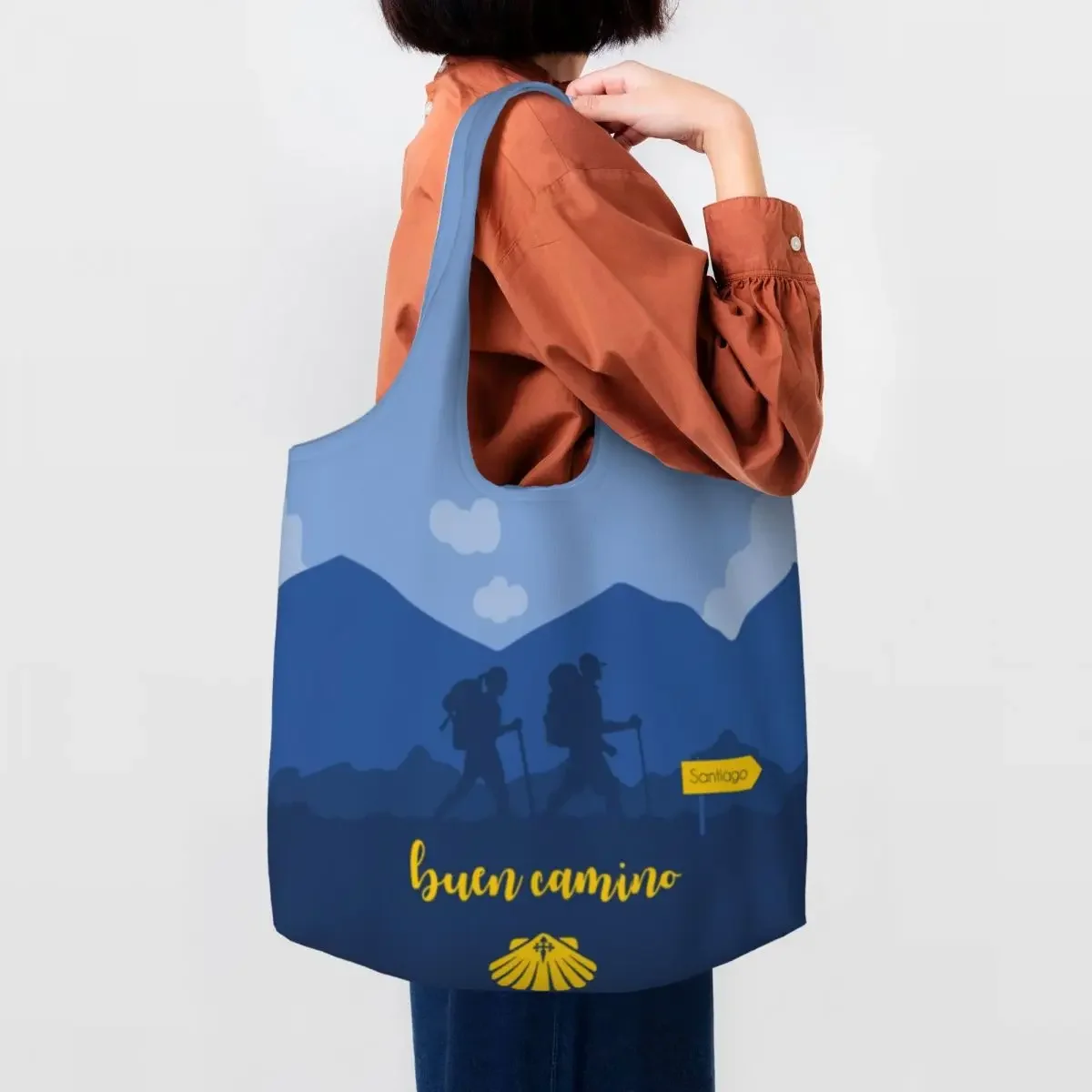 

Custom Cute Printed Buen Camino Santiago De Compostela Shopping Tote Bag Recycling Canvas Shoulder Shopper Handbag