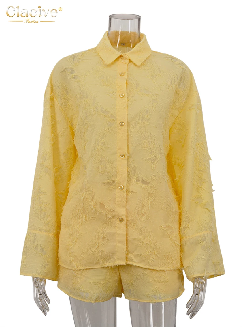 Clacive-Conjunto de 2 piezas holgado amarillo para mujer, conjunto informal de camisa de manga larga con pantalones cortos de cintura alta, ropa de calle 2024