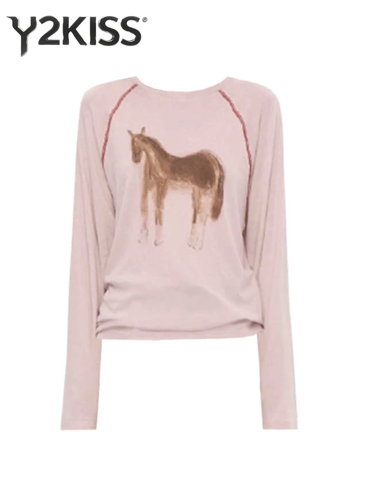 

Autumn Winter Women's Tide Top Long Sleeve T-Shirts Print Oversize O-Neck Tees 2000s High Street Korean Loose Casual New In