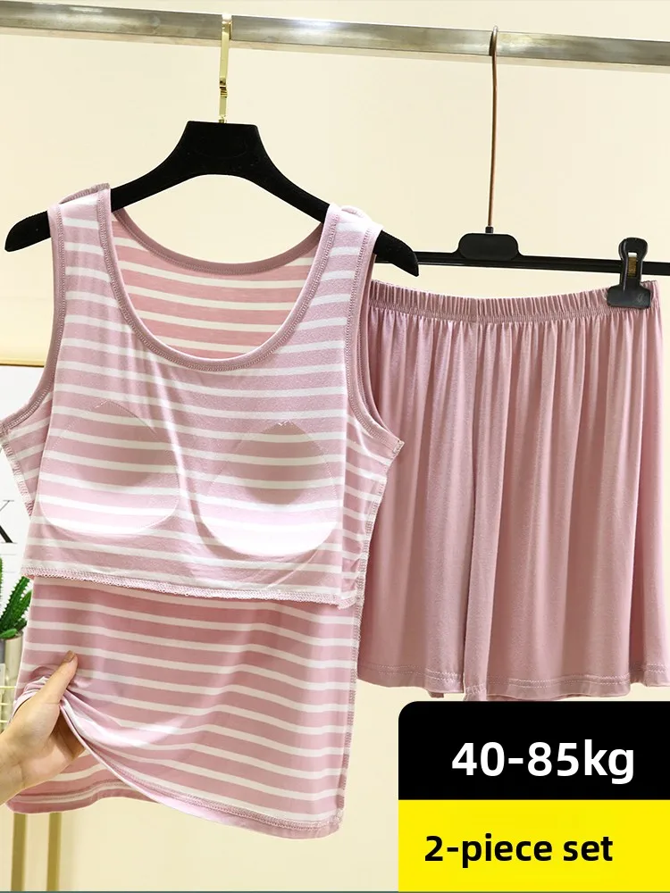 Women's Summer Thin Modal Striped Vest Shorts Set Chest Pad Loose Fit Home Sleepwear Sleeveless Versatile Style Outerwear