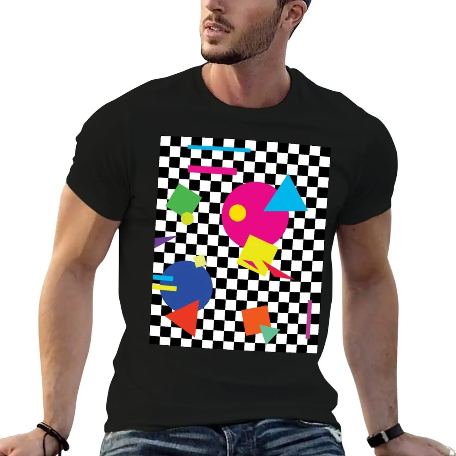 Retro Classic 1980s Shapes On Black and White Check - Retro Shapes #1 T-Shirt cute clothes korean fashion sublime mens fashion