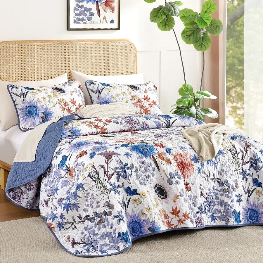 봄 여름 장식용 블루 플로럴 퀼트 세트 퀸 사이즈 부드럽고 가벼운 마이크로파이버 침대보와 베개 커버 2개 식물 무늬