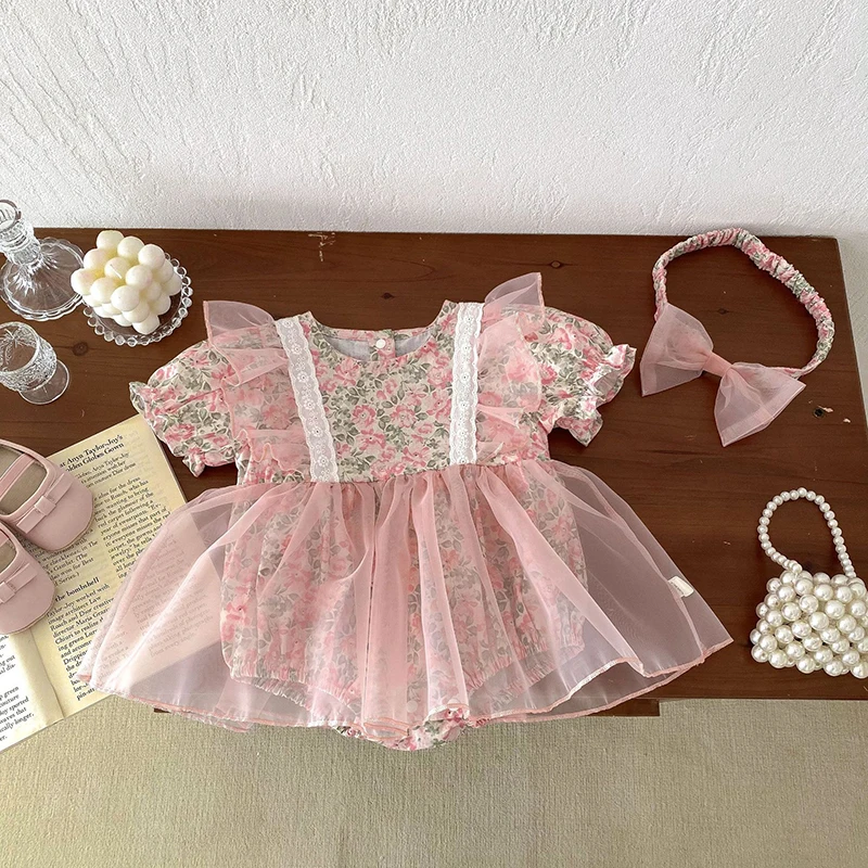 2 pezzi Summer Princess Girls Baby Dress body 0-2Y Infant Sweet pink Floral One Piece Mesh gonna vestiti per bambini con fascia