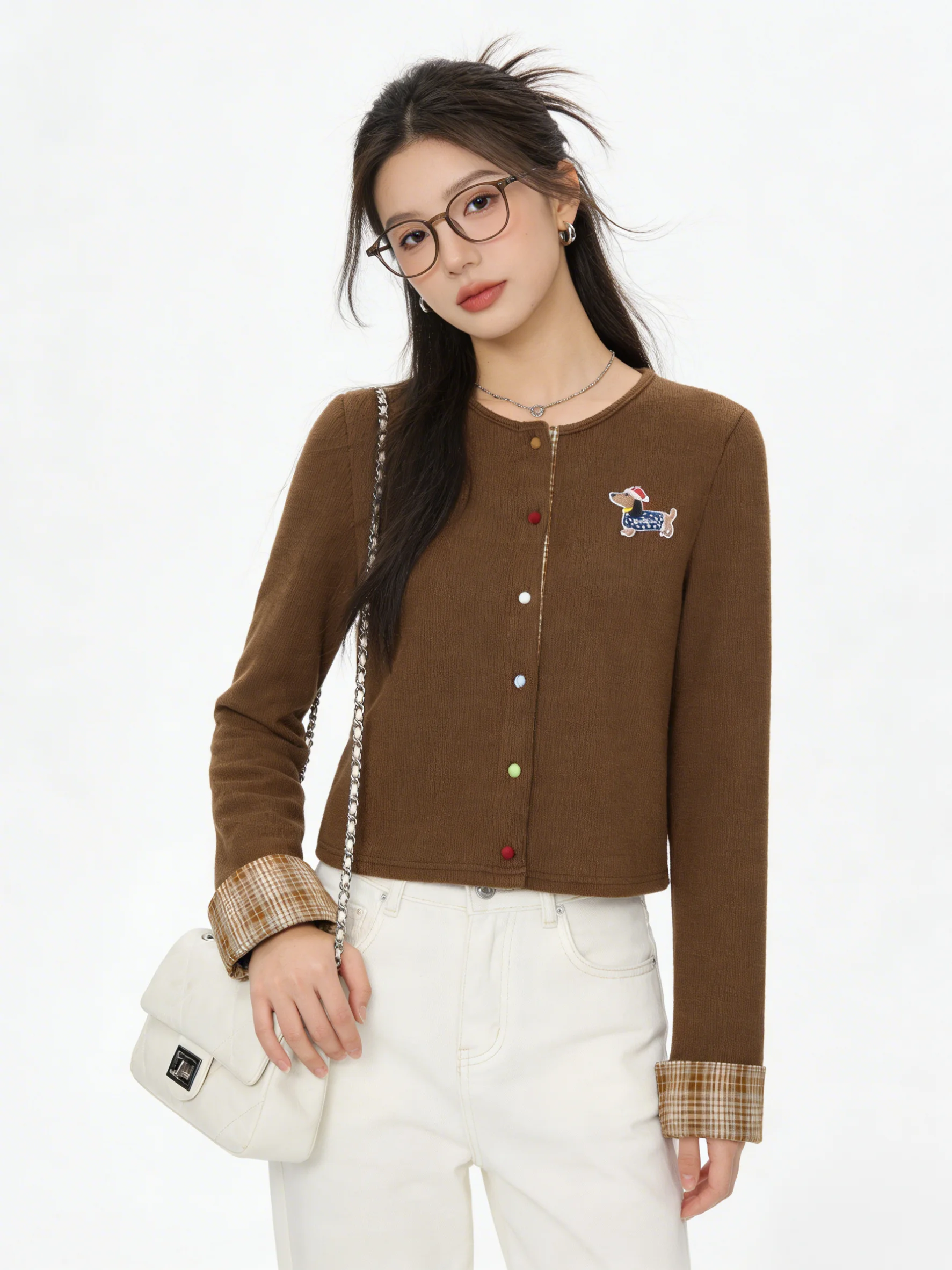 

Khaki Vintage Patchwork Color Block Knitted Cardigan Slim Fit Plaid Contrast Sweet School Style Top Women's Fashion Spring
