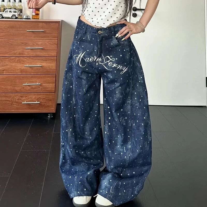 Y2K Streetwear Jeans Women Letter Star Print Loose Casual Wide Leg Denim Pants Vintage Harajuku High Waist Straight Trouser New