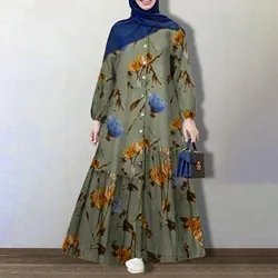 Women's Muslim Dress Arab style Printed Round Neck Long Sleeved Button Long Dresses Loose Vintage Ramadan Prayer Clothes