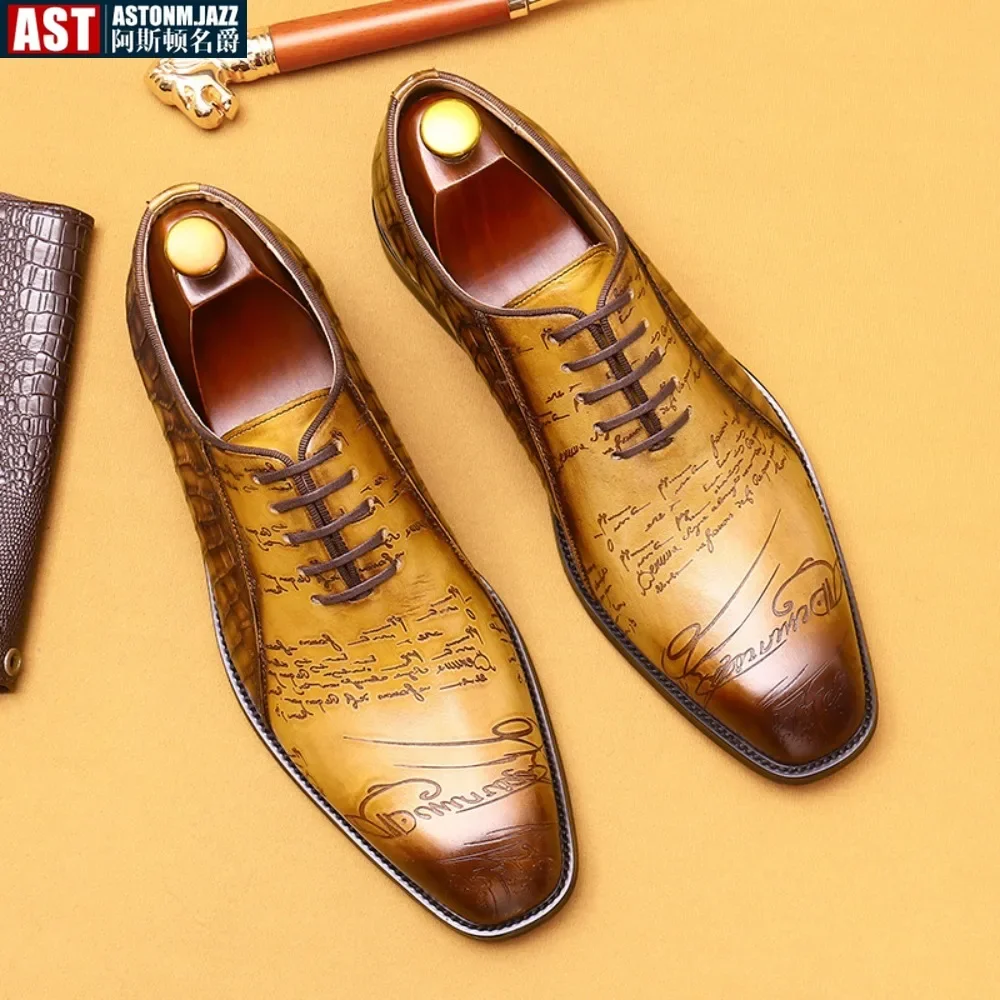 

Genuine Leather Oxfords Men Shoes Whole Cut Fashion Casual Pointed Toe Formal Business Male Wedding Dress Shoes Big Size 37-46