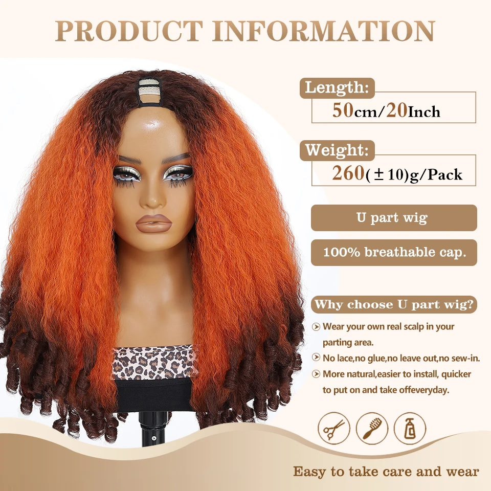 Glueless Fluffy Afro Wig Synthetic U Part Kinky Straight Curly Wigs For Women Natural Black With Unique Bouncy Curls In The End image 4