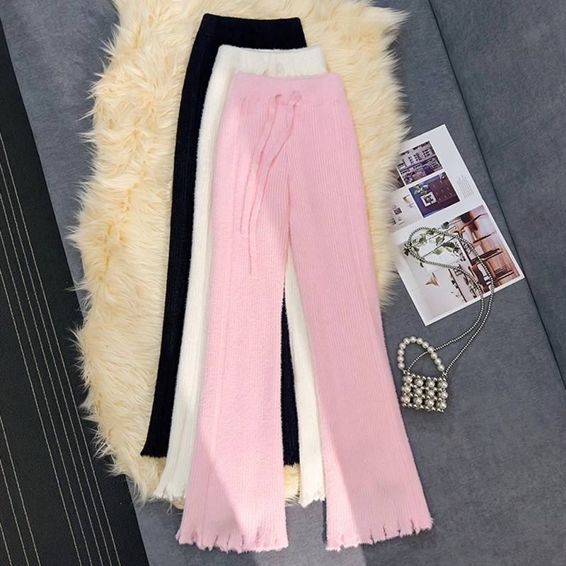 Gidyq Women Knit Wide Leg Pants Fashion Korean Tassel Faux Mink Trousers High Waist Female Elegant All Match Horn Pants New