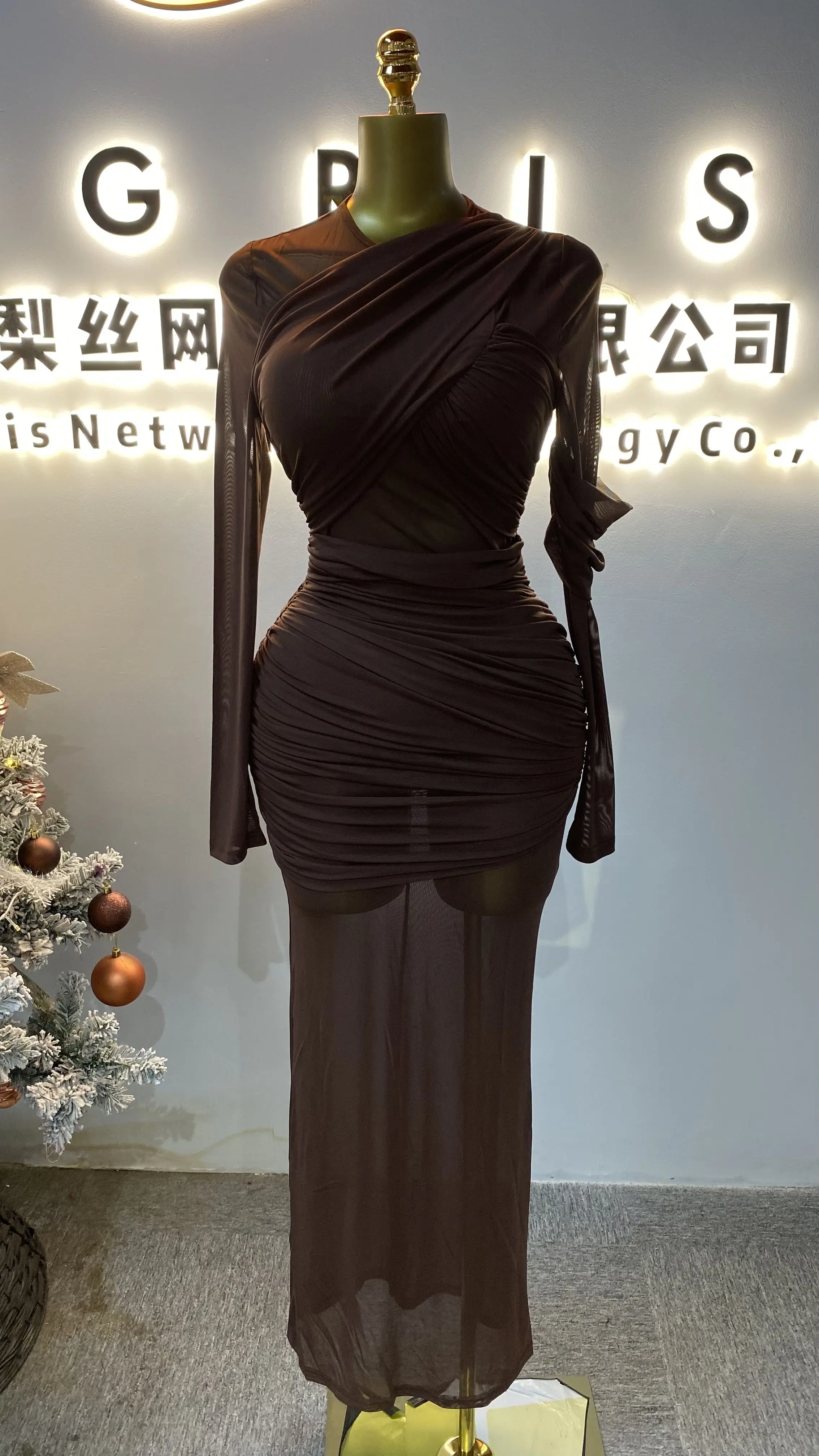 

Hot Sale Sheer Mesh Pleated Dress Sexy Slim Fit Party Dress Going Out Dress-GZXX019