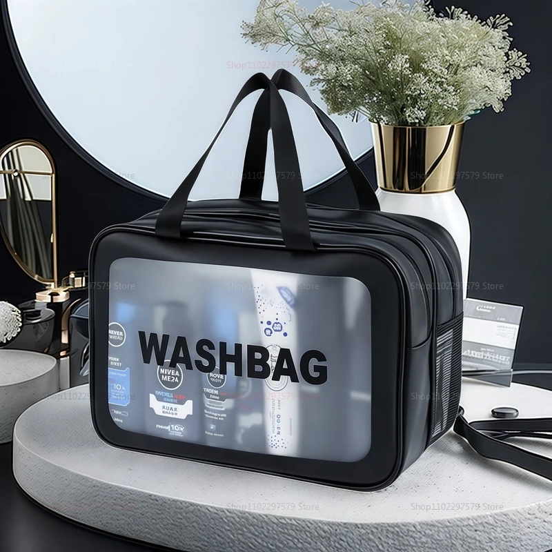 حقيبة مكياج شفافة من البولي يوريثان بطبقة مزدوجة مقاومة للماء وفصل جاف ورطب لتخزين مستحضرات التجميل المحمولة للسفر والصالة الرياضية والسباحة