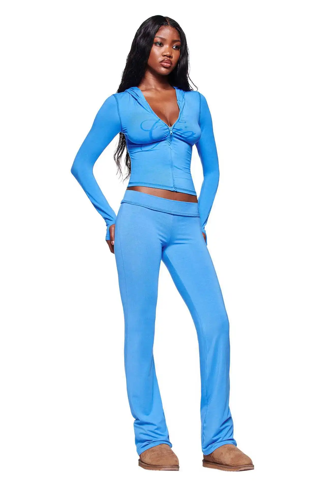 

2026 Hot Selling 2-Piece Outfit | Women's Trendy Ins-Style Solid Color Deep V Neck Long Sleeve Set - Cross-Border Bestseller